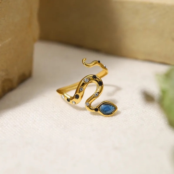 3/$35 14K Gold Plated Open Ring Snake Blue Black Gemstone Steel Cubic Zirconia - Picture 5 of 7